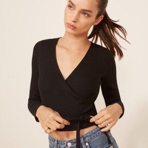 Black Medium Reformation Petalo Wrap Crop Top